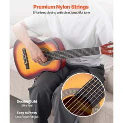 VEVOR Classical Guitar, 30 Inch, Wood Classical Guitar Starter Kit for Beginners, with Nylon Strings, Gig Bag, Strap, Tuner, Extra Strings, Picks, Capo, Basswood, for Kids Girls Boys Students, Natural