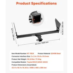 VEVOR Class 3 Trailer Hitch, 2-Inch Receiver, 6000 lbs, Q345B Steel Tube Frame, Compatible with 2020-2024 Toyota RAV4, Multi-Fit Hitch to Receive Ball Mount, Cargo Carrier, Bike Rack, Tow Hook, Black