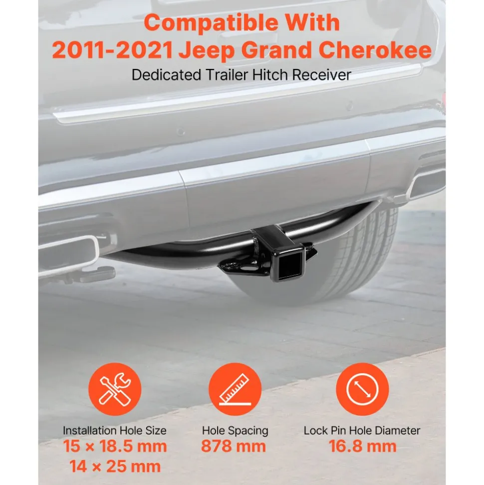 VEVOR Class 3 Trailer Hitch, 2-Inch Receiver, Compatible with 2011-2021 Jeep Grand Cherokee, Q345B Steel Tube Frame, Multi-Fit Hitch to Receive Ball Mount, Cargo Carrier, Bike Rack, Tow Hook, Black