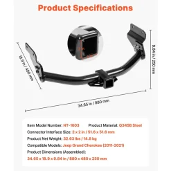 VEVOR Class 3 Trailer Hitch, 2-Inch Receiver, Compatible with 2011-2021 Jeep Grand Cherokee, Q345B Steel Tube Frame, Multi-Fit Hitch to Receive Ball Mount, Cargo Carrier, Bike Rack, Tow Hook, Black