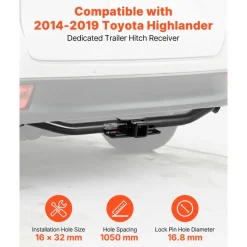 VEVOR Class 3 Trailer Hitch, 2-Inch Receiver, Compatible with 2014-2019 Toyota Highlander, Q345B Steel Tube Frame, Multi-Fit Hitch to Receive Ball Mount, Cargo Carrier, Bike Rack, and Tow Hook, Black