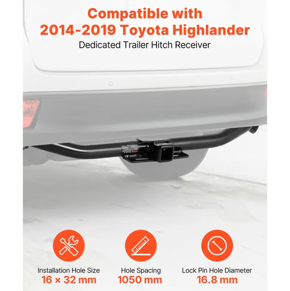 VEVOR Class 3 Trailer Hitch, 2-Inch Receiver, Compatible with 2014-2019 Toyota Highlander, Q345B Steel Tube Frame, Multi-Fit Hitch to Receive Ball Mount, Cargo Carrier, Bike Rack, and Tow Hook, Black
