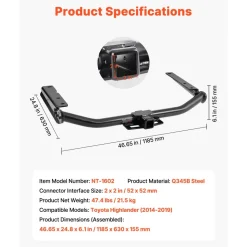 VEVOR Class 3 Trailer Hitch, 2-Inch Receiver, Compatible with 2014-2019 Toyota Highlander, Q345B Steel Tube Frame, Multi-Fit Hitch to Receive Ball Mount, Cargo Carrier, Bike Rack, and Tow Hook, Black