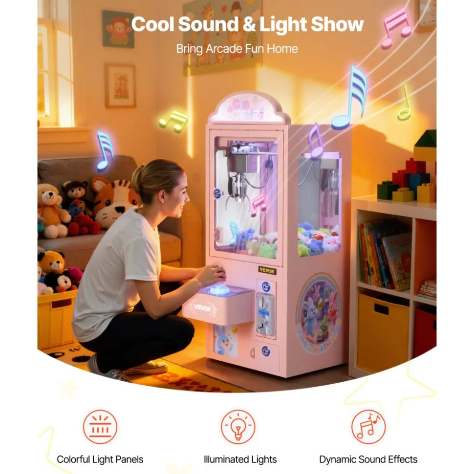 VEVOR Claw Crane Machine, Medium-Sized Arcade Game Machine with Light & Sound, Adjustable Steel Claws, Precise Toy Candy Grabber Prize Dispenser Vending Toy, for Commercial Home Parties Cinema, Pink