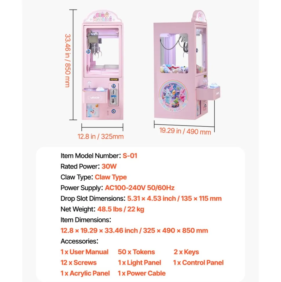 VEVOR Claw Crane Machine, Medium-Sized Arcade Game Machine with Light & Sound, Adjustable Steel Claws, Precise Toy Candy Grabber Prize Dispenser Vending Toy, for Commercial Home Parties Cinema, Pink