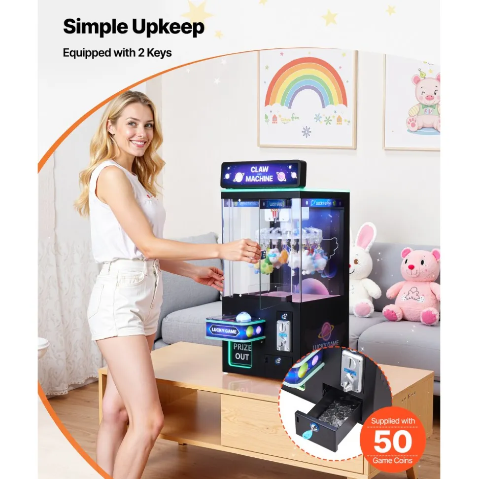 VEVOR Claw Crane Machine, Medium-Sized Arcade Game Machine with Light & Sound, Adjustable Difficulty, Precise Toy Candy Grabber Prize Dispenser Vending Toy, for Commercial Home Cinema, Black Purple