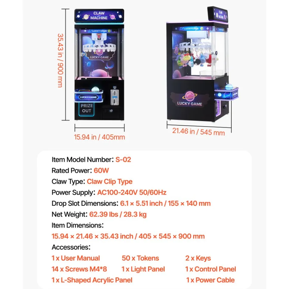 VEVOR Claw Crane Machine, Medium-Sized Arcade Game Machine with Light & Sound, Adjustable Difficulty, Precise Toy Candy Grabber Prize Dispenser Vending Toy, for Commercial Home Cinema, Black Purple