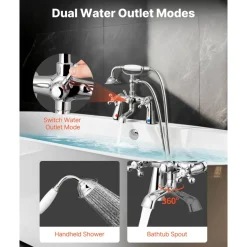VEVOR Clawfoot Tub Faucet, Deck Mount Bathtub Faucets with Handheld Shower, Vintage Polished Chrome Clawfoot Tub Filler Faucet Shower Kit with 360° Rotation Spout & 59-inch Long Hose for Bathtubs
