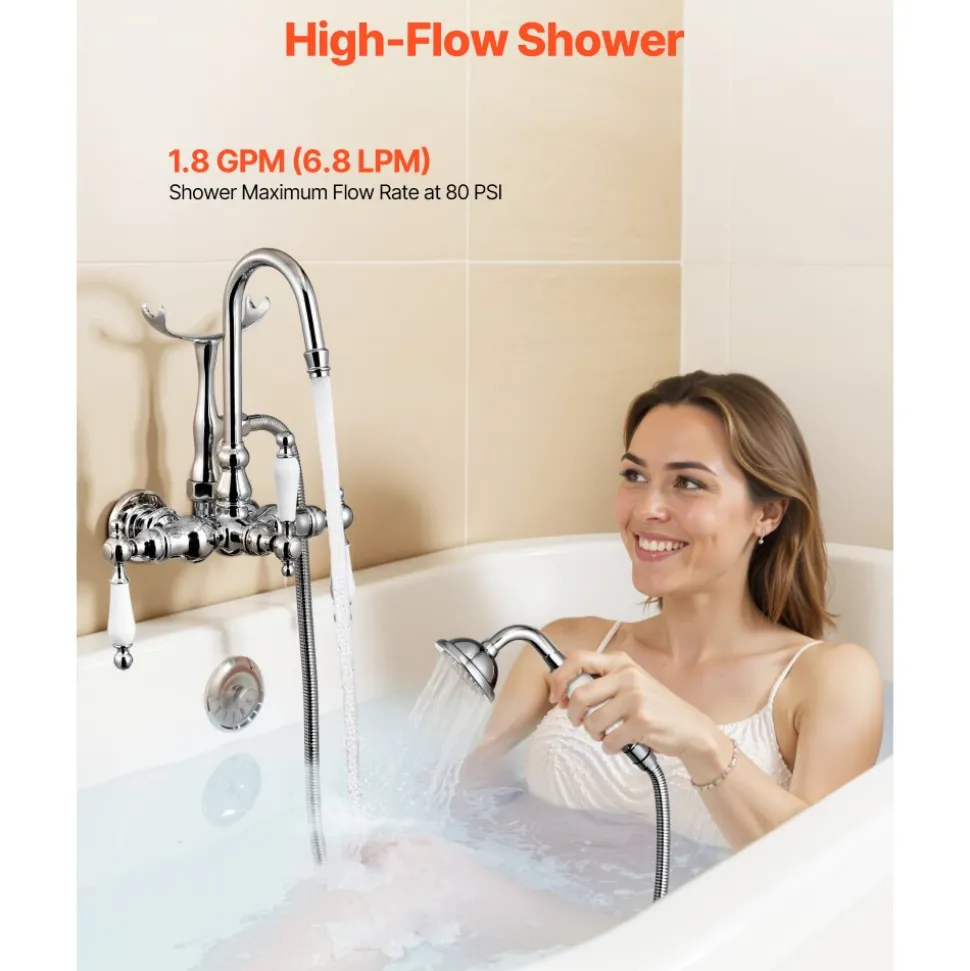 VEVOR Clawfoot Tub Faucet, Wall-Mounted Bathtub Faucets with Handheld Shower, Polished Chrome Clawfoot Tub Filler Faucet Shower Kit with 59" Long Hose & Gooseneck Spout, Modern & Vintage for Bathtubs