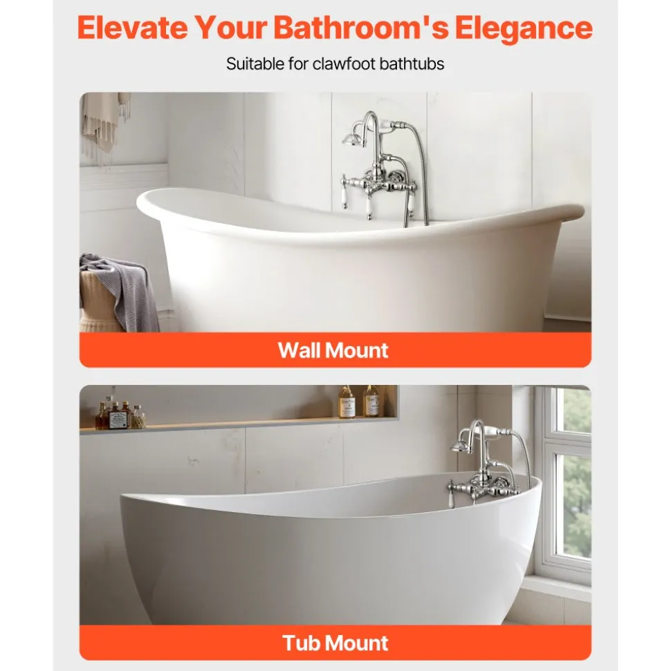 VEVOR Clawfoot Tub Faucet, Wall-Mounted Bathtub Faucets with Handheld Shower, Polished Chrome Clawfoot Tub Filler Faucet Shower Kit with 59" Long Hose & Gooseneck Spout, Modern & Vintage for Bathtubs