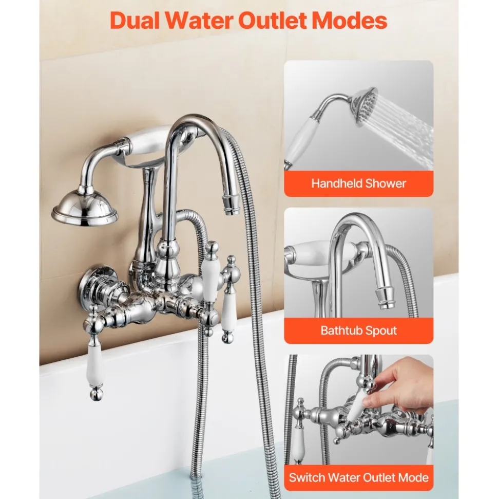 VEVOR Clawfoot Tub Faucet, Wall-Mounted Bathtub Faucets with Handheld Shower, Polished Chrome Clawfoot Tub Filler Faucet Shower Kit with 59" Long Hose & Gooseneck Spout, Modern & Vintage for Bathtubs