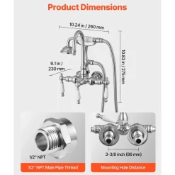 VEVOR Clawfoot Tub Faucet, Wall-Mounted Bathtub Faucets with Handheld Shower, Polished Chrome Clawfoot Tub Filler Faucet Shower Kit with 59