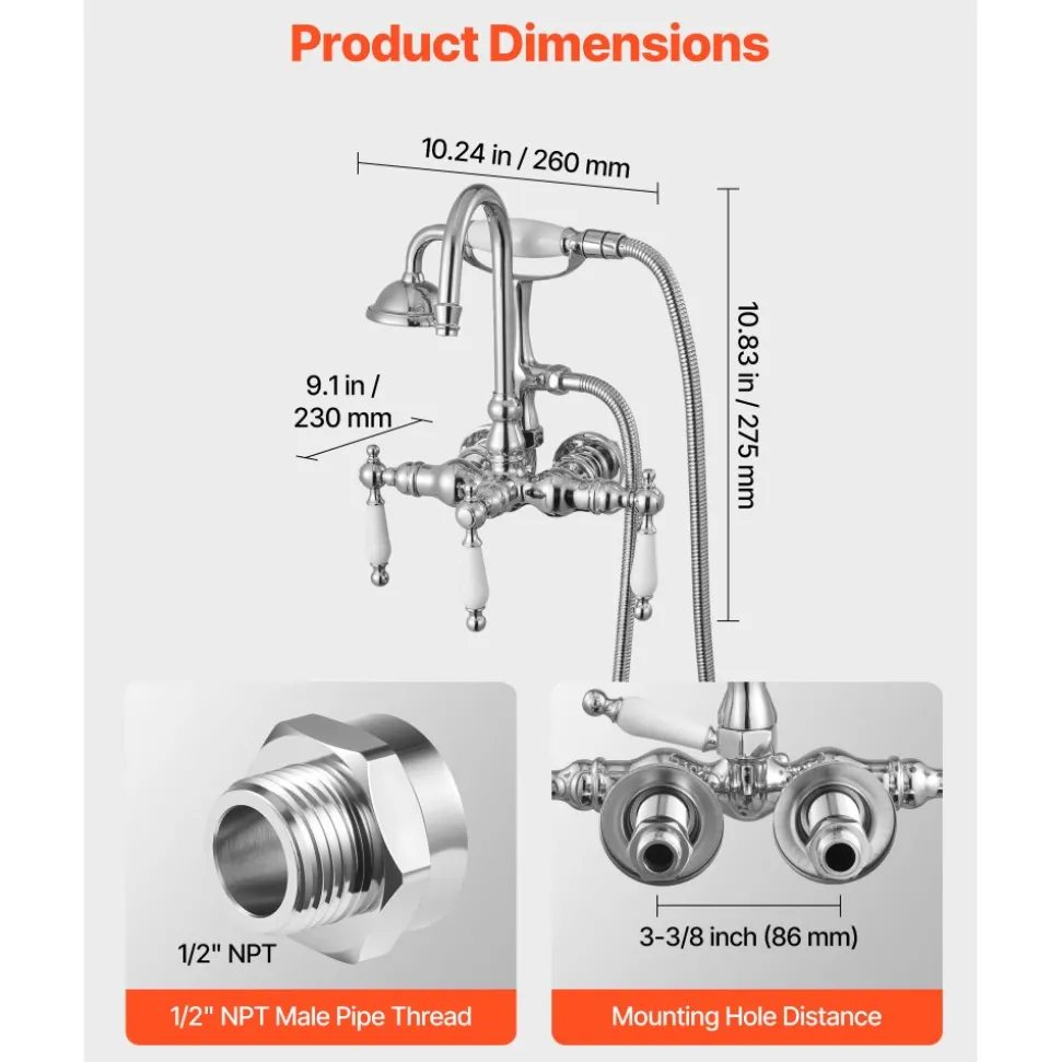 VEVOR Clawfoot Tub Faucet, Wall-Mounted Bathtub Faucets with Handheld Shower, Polished Chrome Clawfoot Tub Filler Faucet Shower Kit with 59" Long Hose & Gooseneck Spout, Modern & Vintage for Bathtubs