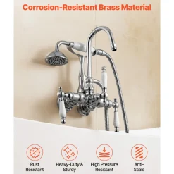 VEVOR Clawfoot Tub Faucet, Wall-Mounted Bathtub Faucets with Handheld Shower, Polished Chrome Clawfoot Tub Filler Faucet Shower Kit with 59