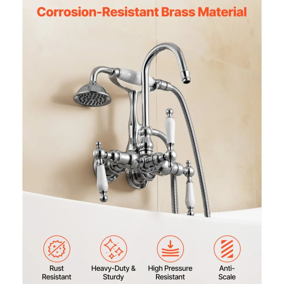 VEVOR Clawfoot Tub Faucet, Wall-Mounted Bathtub Faucets with Handheld Shower, Polished Chrome Clawfoot Tub Filler Faucet Shower Kit with 59" Long Hose & Gooseneck Spout, Modern & Vintage for Bathtubs