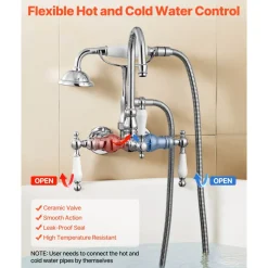 VEVOR Clawfoot Tub Faucet, Wall-Mounted Bathtub Faucets with Handheld Shower, Polished Chrome Clawfoot Tub Filler Faucet Shower Kit with 59