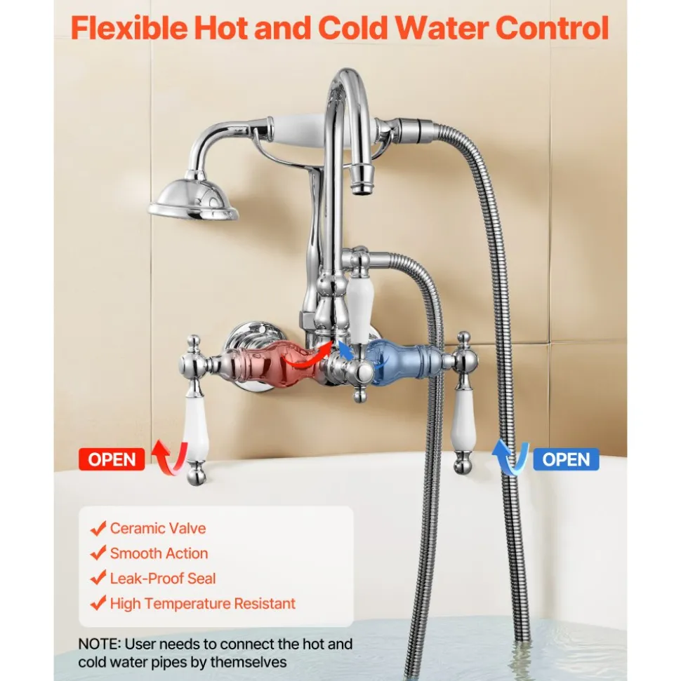 VEVOR Clawfoot Tub Faucet, Wall-Mounted Bathtub Faucets with Handheld Shower, Polished Chrome Clawfoot Tub Filler Faucet Shower Kit with 59" Long Hose & Gooseneck Spout, Modern & Vintage for Bathtubs