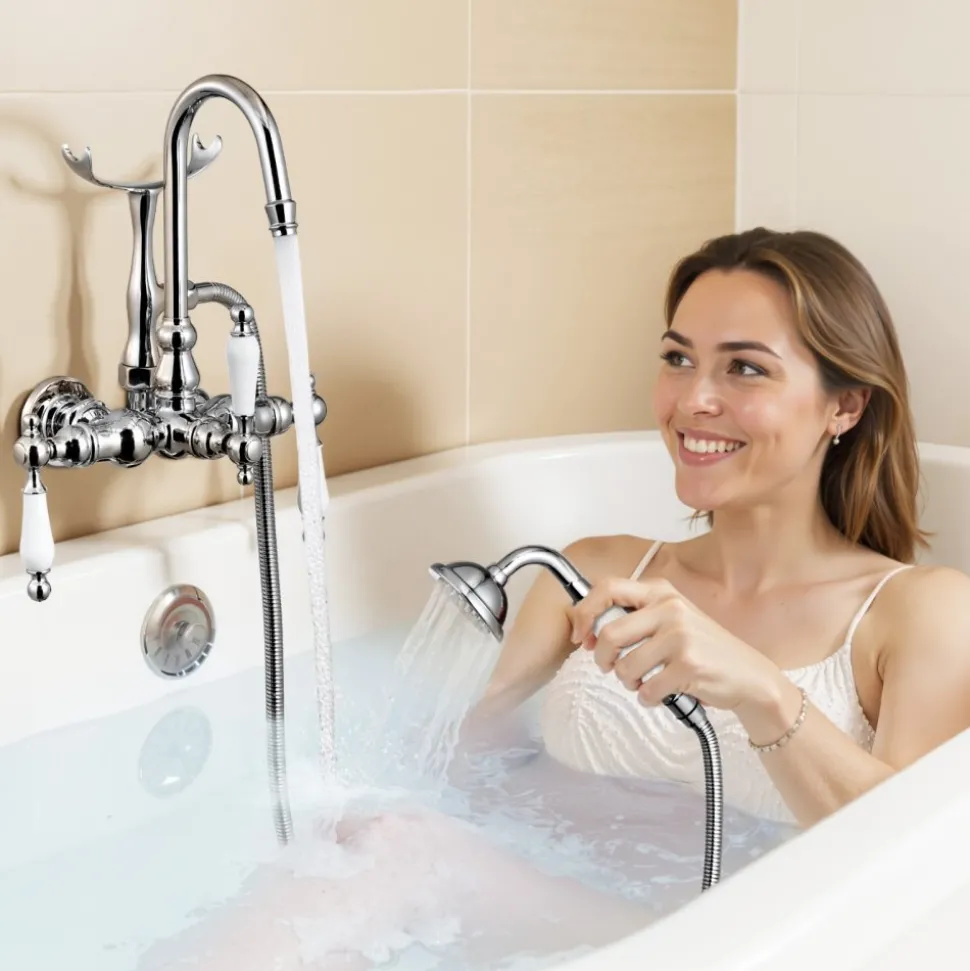 VEVOR Clawfoot Tub Faucet, Wall-Mounted Bathtub Faucets with Handheld Shower, Polished Chrome Clawfoot Tub Filler Faucet Shower Kit with 59" Long Hose & Gooseneck Spout, Modern & Vintage for Bathtubs