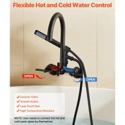 VEVOR Clawfoot Tub Faucet, Wall-Mounted Bathtub Faucet with Handheld Shower, Vintage Matte Black Clawfoot Tub Filler Shower Kit with Adjustable Swing Arms & Rotatable Gooseneck Spout for Bathtubs