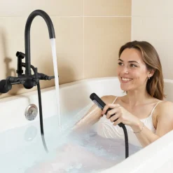 VEVOR Clawfoot Tub Faucet, Wall-Mounted Bathtub Faucet with Handheld Shower, Vintage Matte Black Clawfoot Tub Filler Shower Kit with Adjustable Swing Arms & Rotatable Gooseneck Spout for Bathtubs