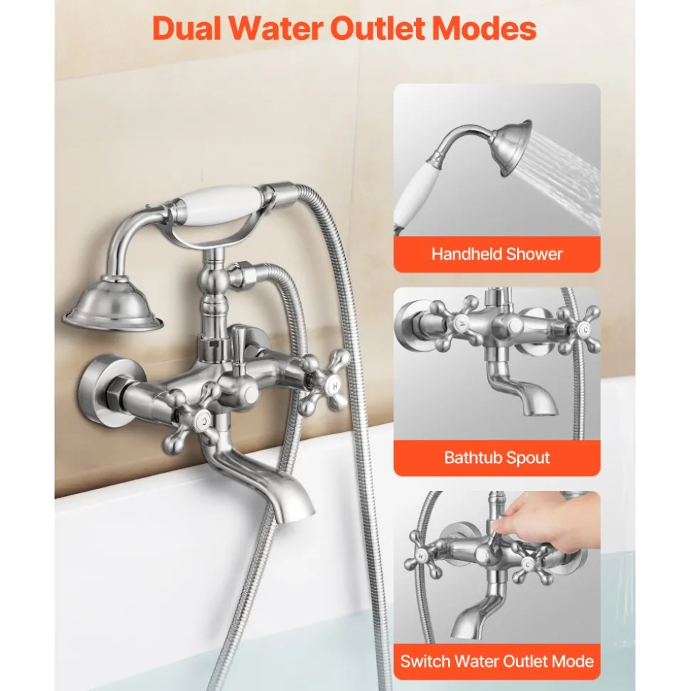 VEVOR Clawfoot Tub Faucet, Wall Mount Bathtub Faucets with Handheld Shower, Vintage Brushed Nickel Clawfoot Tub Filler Faucet Shower Kit with Adjustable Swing Arms & 360° Rotation Spout for Bathtubs