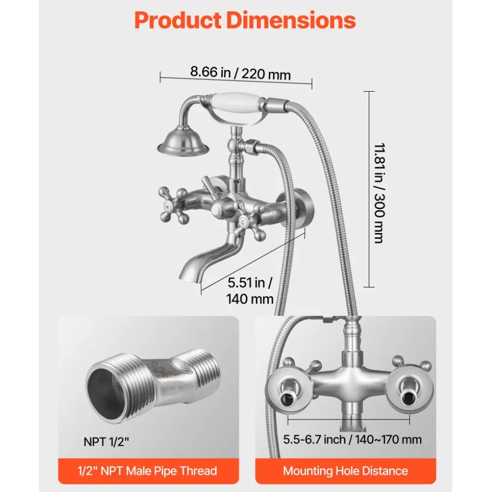 VEVOR Clawfoot Tub Faucet, Wall Mount Bathtub Faucets with Handheld Shower, Vintage Brushed Nickel Clawfoot Tub Filler Faucet Shower Kit with Adjustable Swing Arms & 360° Rotation Spout for Bathtubs
