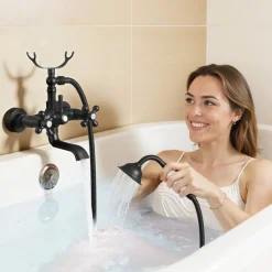 VEVOR Clawfoot Tub Faucet, Wall Mount Bathtub Faucets with Handheld Shower, Vintage Matte Black Clawfoot Tub Filler Faucet Shower Kit with Adjustable Swing Arms & 360° Rotation Spout for Bathtubs