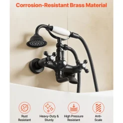 VEVOR Clawfoot Tub Faucet, Wall Mount Bathtub Faucets with Handheld Shower, Vintage Matte Black Clawfoot Tub Filler Faucet Shower Kit with Adjustable Swing Arms & 360° Rotation Spout for Bathtubs