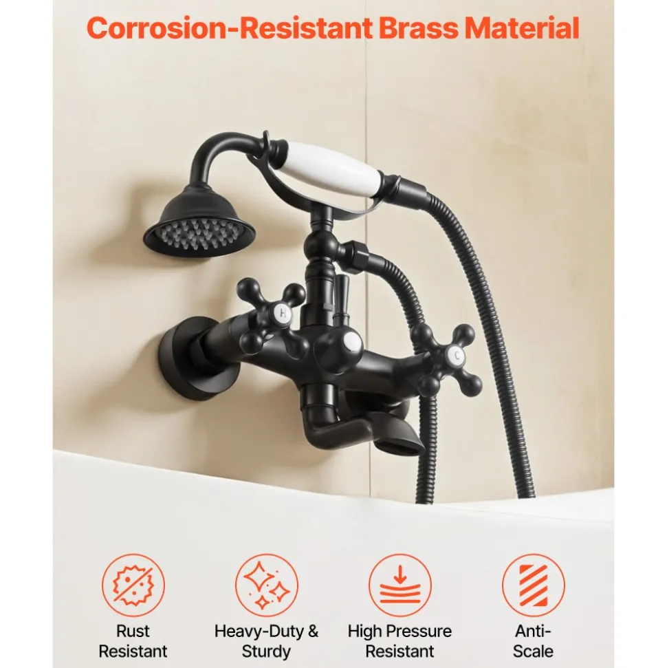 VEVOR Clawfoot Tub Faucet, Wall Mount Bathtub Faucets with Handheld Shower, Vintage Matte Black Clawfoot Tub Filler Faucet Shower Kit with Adjustable Swing Arms & 360° Rotation Spout for Bathtubs
