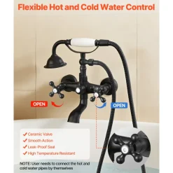 VEVOR Clawfoot Tub Faucet, Wall Mount Bathtub Faucets with Handheld Shower, Vintage Matte Black Clawfoot Tub Filler Faucet Shower Kit with Adjustable Swing Arms & 360° Rotation Spout for Bathtubs