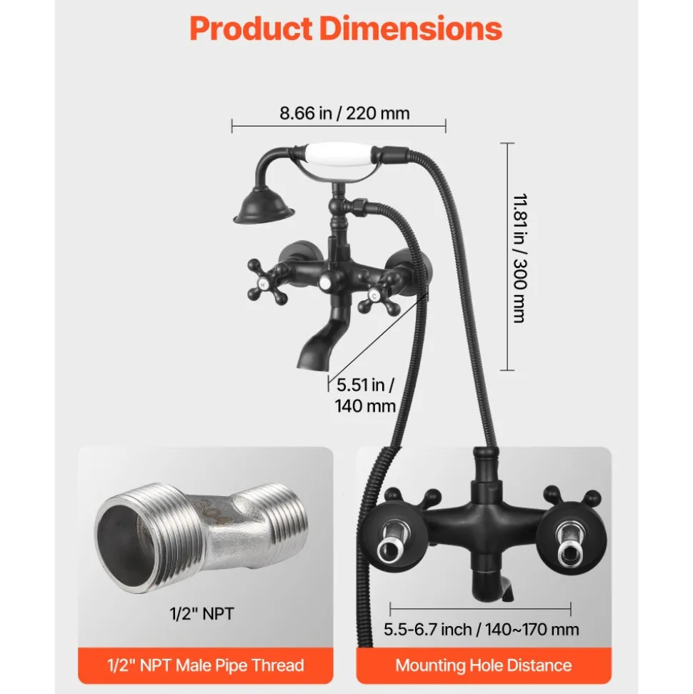 VEVOR Clawfoot Tub Faucet, Wall Mount Bathtub Faucets with Handheld Shower, Vintage Matte Black Clawfoot Tub Filler Faucet Shower Kit with Adjustable Swing Arms & 360° Rotation Spout for Bathtubs