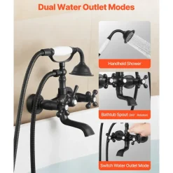 VEVOR Clawfoot Tub Faucet, Wall Mount Bathtub Faucets with Handheld Shower, Vintage Matte Black Clawfoot Tub Filler Faucet Shower Kit with Adjustable Swing Arms & 360° Rotation Spout for Bathtubs