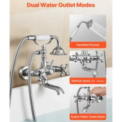 VEVOR Clawfoot Tub Faucet, Wall Mount Bathtub Faucets with Handheld Shower, Vintage Polished Chrome Clawfoot Tub Filler Faucet Shower Kit with Adjustable Swing Arms & 360° Rotation Spout for Bathtubs