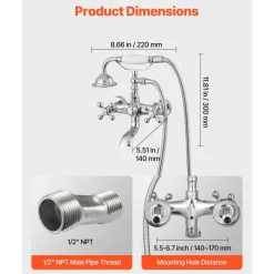 VEVOR Clawfoot Tub Faucet, Wall Mount Bathtub Faucets with Handheld Shower, Vintage Polished Chrome Clawfoot Tub Filler Faucet Shower Kit with Adjustable Swing Arms & 360° Rotation Spout for Bathtubs