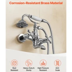 VEVOR Clawfoot Tub Faucet, Wall Mount Bathtub Faucets with Handheld Shower, Vintage Polished Chrome Clawfoot Tub Filler Faucet Shower Kit with Adjustable Swing Arms & 360° Rotation Spout for Bathtubs