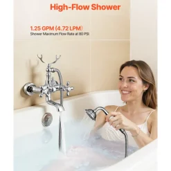 VEVOR Clawfoot Tub Faucet, Wall Mount Bathtub Faucets with Handheld Shower, Vintage Polished Chrome Clawfoot Tub Filler Faucet Shower Kit with Adjustable Swing Arms & 360° Rotation Spout for Bathtubs