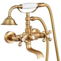 VEVOR Clawfoot Tub Faucet, Wall Mount Bathtub Faucets with Handheld Shower, Vintage Brushed Gold Clawfoot Tub Filler Faucet Shower Kit with Adjustable Swing Arms & 360° Rotation Spout for Bathtubs