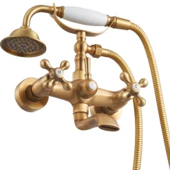 VEVOR Clawfoot Tub Faucet, Wall Mount Bathtub Faucets with Handheld Shower, Vintage Brushed Gold Clawfoot Tub Filler Faucet Shower Kit with Adjustable Swing Arms & 360° Rotation Spout for Bathtubs