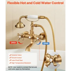 VEVOR Clawfoot Tub Faucet, Wall Mount Bathtub Faucets with Handheld Shower, Vintage Brushed Gold Clawfoot Tub Filler Faucet Shower Kit with Adjustable Swing Arms & 360° Rotation Spout for Bathtubs