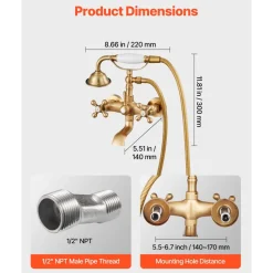 VEVOR Clawfoot Tub Faucet, Wall Mount Bathtub Faucets with Handheld Shower, Vintage Brushed Gold Clawfoot Tub Filler Faucet Shower Kit with Adjustable Swing Arms & 360° Rotation Spout for Bathtubs