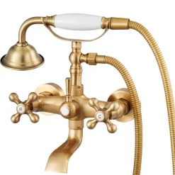 VEVOR Clawfoot Tub Faucet, Wall Mount Bathtub Faucets with Handheld Shower, Vintage Brushed Gold Clawfoot Tub Filler Faucet Shower Kit with Adjustable Swing Arms & 360° Rotation Spout for Bathtubs