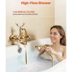 VEVOR Clawfoot Tub Faucet, Wall Mount Bathtub Faucets with Handheld Shower, Vintage Brushed Gold Clawfoot Tub Filler Faucet Shower Kit with Adjustable Swing Arms & 360° Rotation Spout for Bathtubs