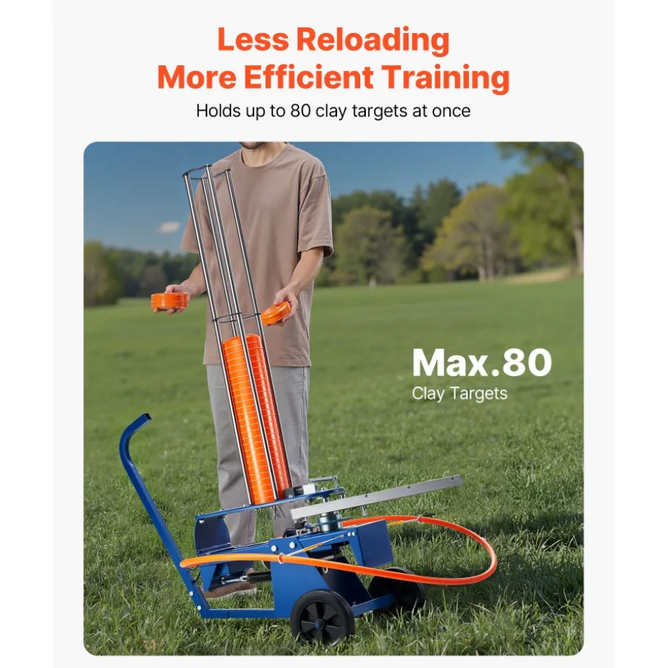 VEVOR Clay Target Thrower, 75-80 Clays Pigeon Thrower, 55+ Yards Automatic Skeet and Trap Launcher on Wheels - with Adjustable Angle, Foot Pedal & Pull Handle for Clays Throwing, Shooting Sports
