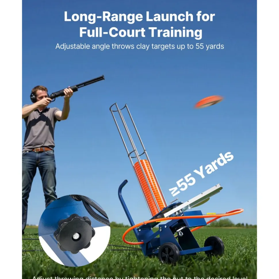 VEVOR Clay Target Thrower, 75-80 Clays Pigeon Thrower, 55+ Yards Automatic Skeet and Trap Launcher on Wheels - with Adjustable Angle, Foot Pedal & Pull Handle for Clays Throwing, Shooting Sports