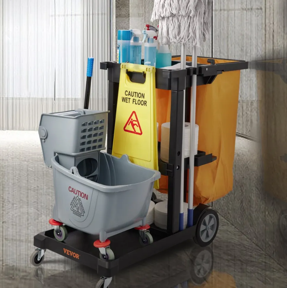 VEVOR Cleaning Cart, 3-Shelf Commercial Janitorial Cart, 200 lbs Capacity Plastic Housekeeping Cart, with 25 Gallon PVC Bag, 47 x 20 x 38.6in, Yellow & Black