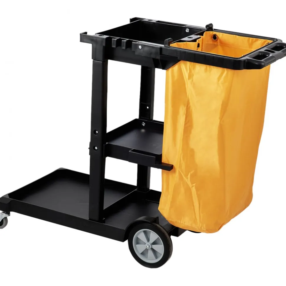 VEVOR Cleaning Cart, 3-Shelf Commercial Janitorial Cart, 200 lbs Capacity Plastic Housekeeping Cart, with 25 Gallon PVC Bag, 47 x 20 x 38.6in, Yellow & Black