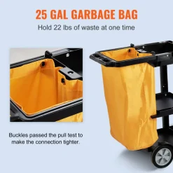 VEVOR Cleaning Cart, 3-Shelf Commercial Janitorial Cart, 200 lbs Capacity Plastic Housekeeping Cart, with 25 Gallon PVC Bag, 47 x 20 x 38.6in, Yellow & Black