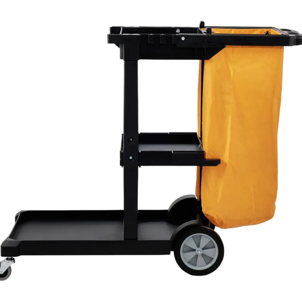 VEVOR Cleaning Cart, 3-Shelf Commercial Janitorial Cart, 200 lbs Capacity Plastic Housekeeping Cart, with 25 Gallon PVC Bag, 47 x 20 x 38.6in, Yellow & Black