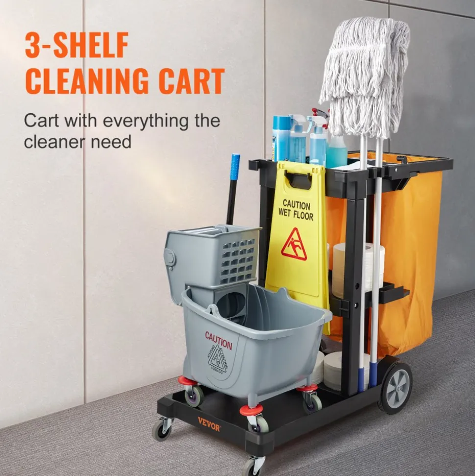 VEVOR Cleaning Cart, 3-Shelf Commercial Janitorial Cart, 200 lbs Capacity Plastic Housekeeping Cart, with 25 Gallon PVC Bag, 47 x 20 x 38.6in, Yellow & Black