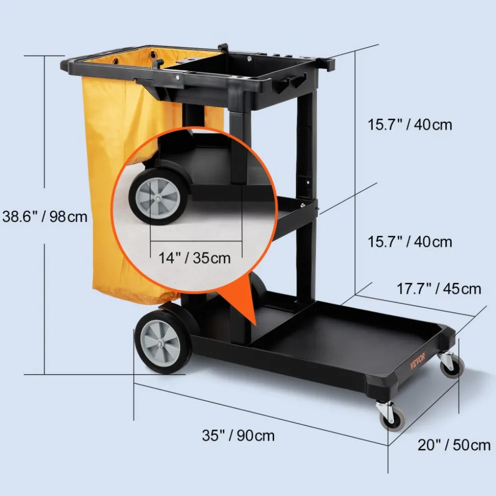 VEVOR Cleaning Cart, 3-Shelf Commercial Janitorial Cart, 200 lbs Capacity Plastic Housekeeping Cart, with 25 Gallon PVC Bag, 47 x 20 x 38.6in, Yellow & Black